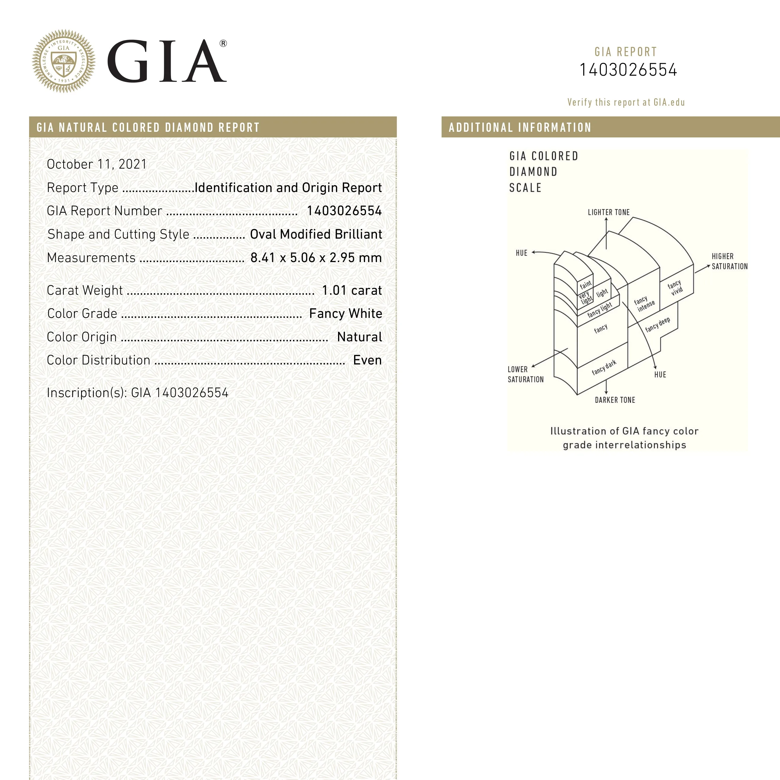 1.01ct 8.41x5.06x2.95mm GIA Fancy White Oval Brilliant 20943-01