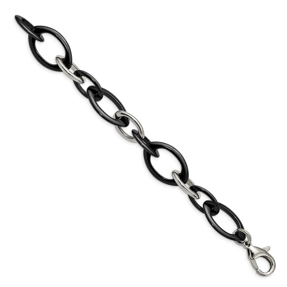 20mm Stainless Steel & Black Ceramic Oval Chain Link Bracelet, 8 Inch