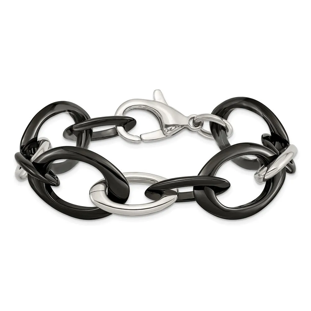 20mm Stainless Steel & Black Ceramic Oval Chain Link Bracelet, 8 Inch