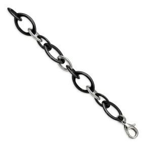 20mm Stainless Steel & Black Ceramic Oval Chain Link Bracelet, 8 Inch