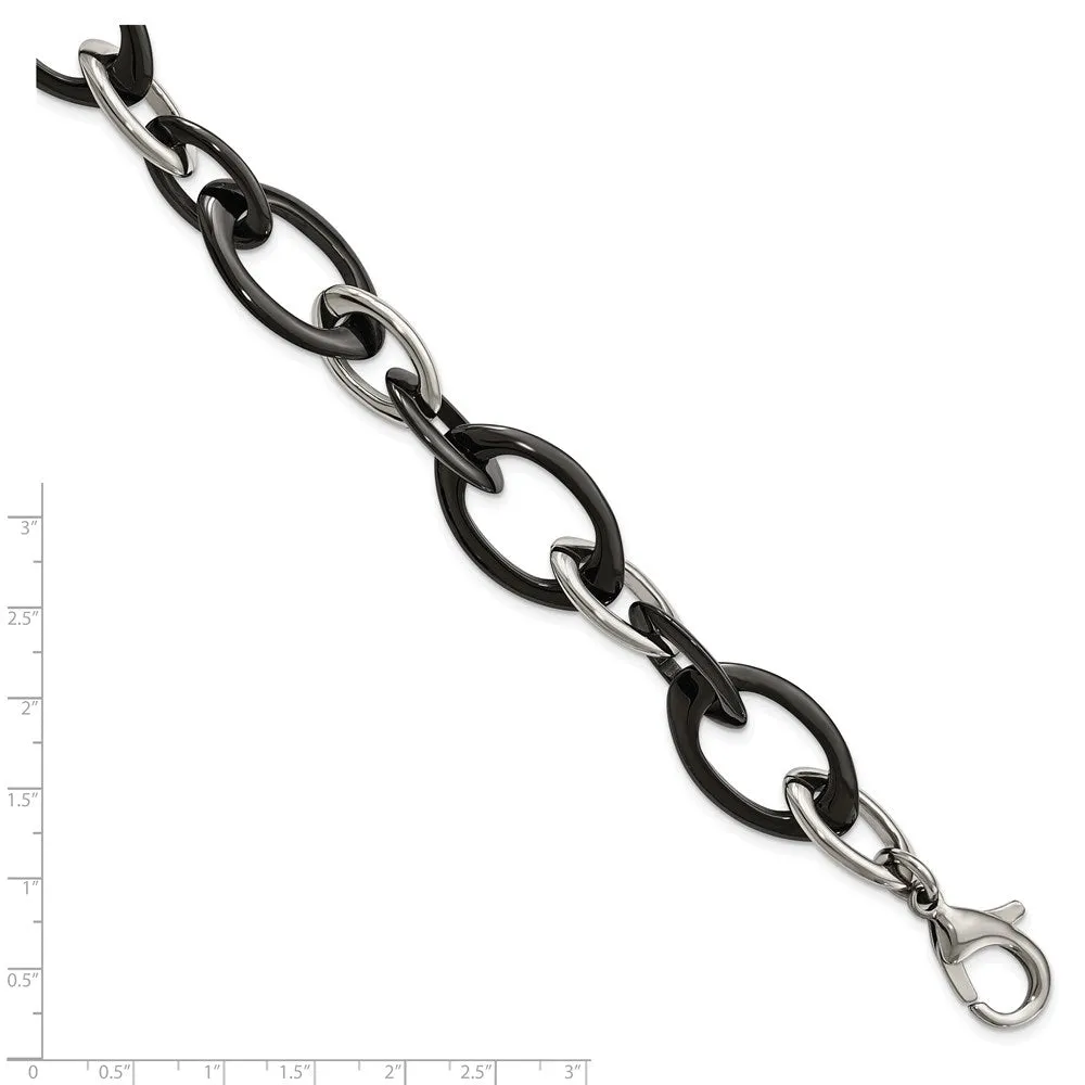 20mm Stainless Steel & Black Ceramic Oval Chain Link Bracelet, 8 Inch