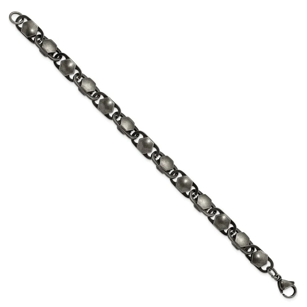 8.5mm Stainless Steel Antiqued Fancy Cable Chain Bracelet, 8.25 Inch