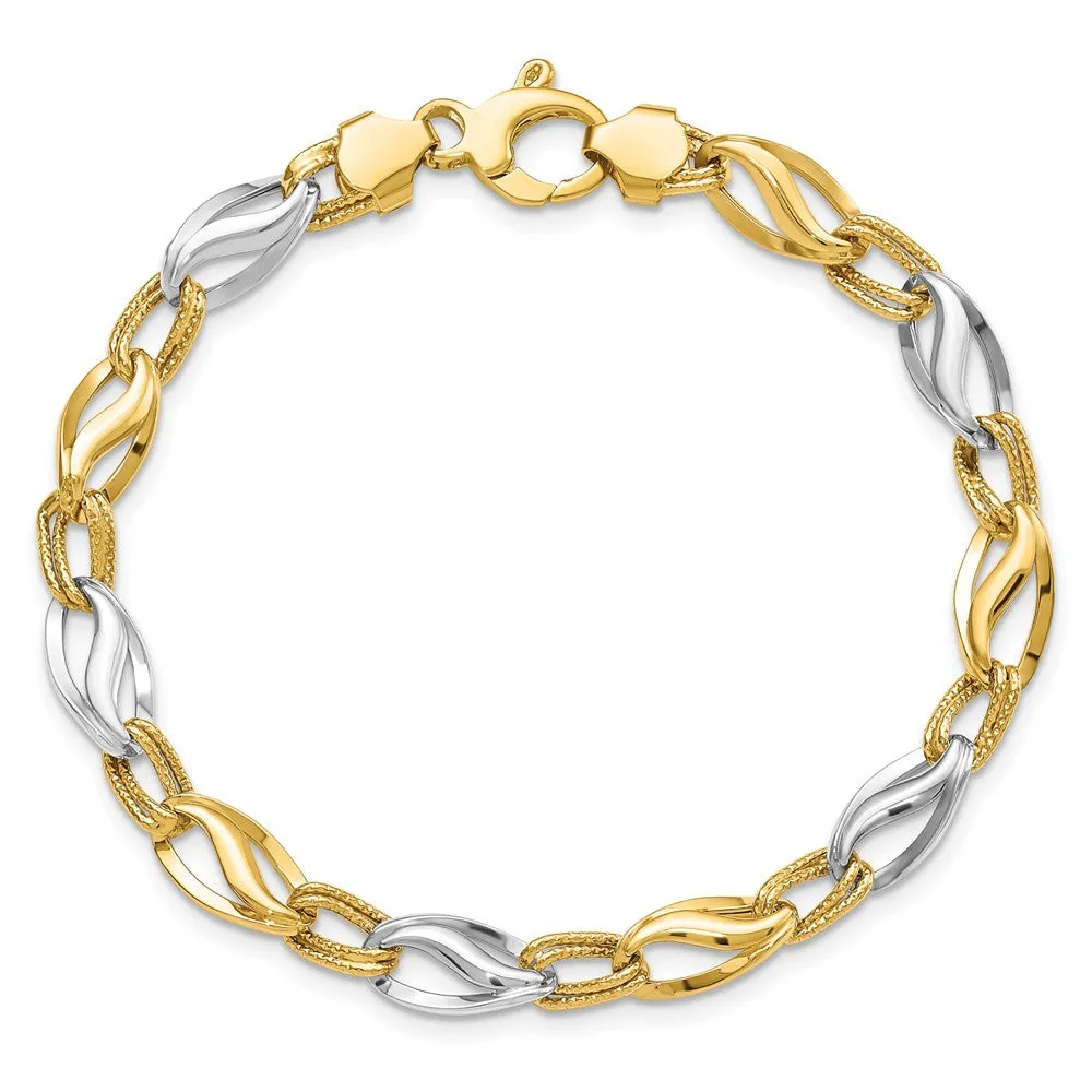 9mm 14K Two Tone Gold Hollow Fancy Link Chain Bracelet, 7.5 Inch