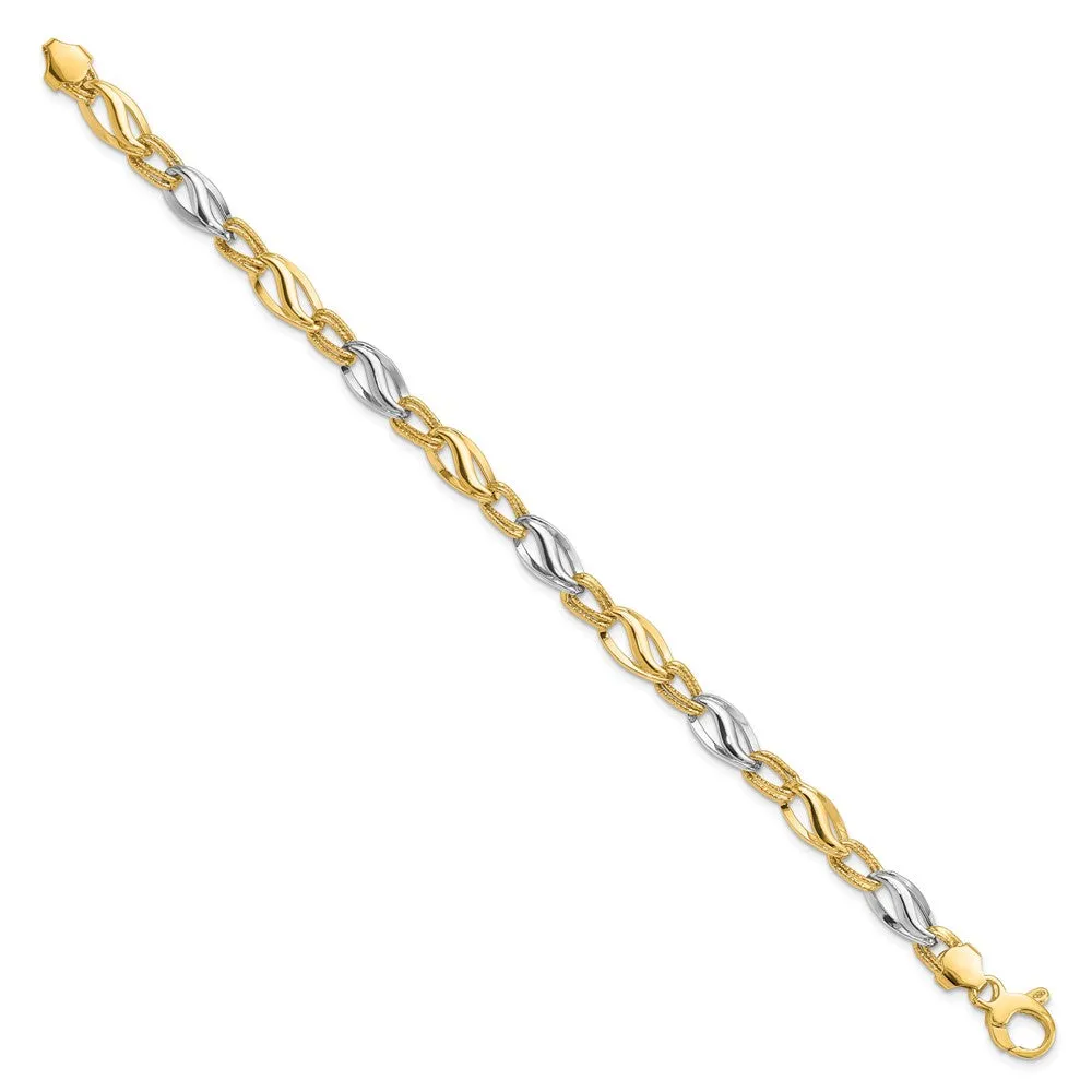 9mm 14K Two Tone Gold Hollow Fancy Link Chain Bracelet, 7.5 Inch