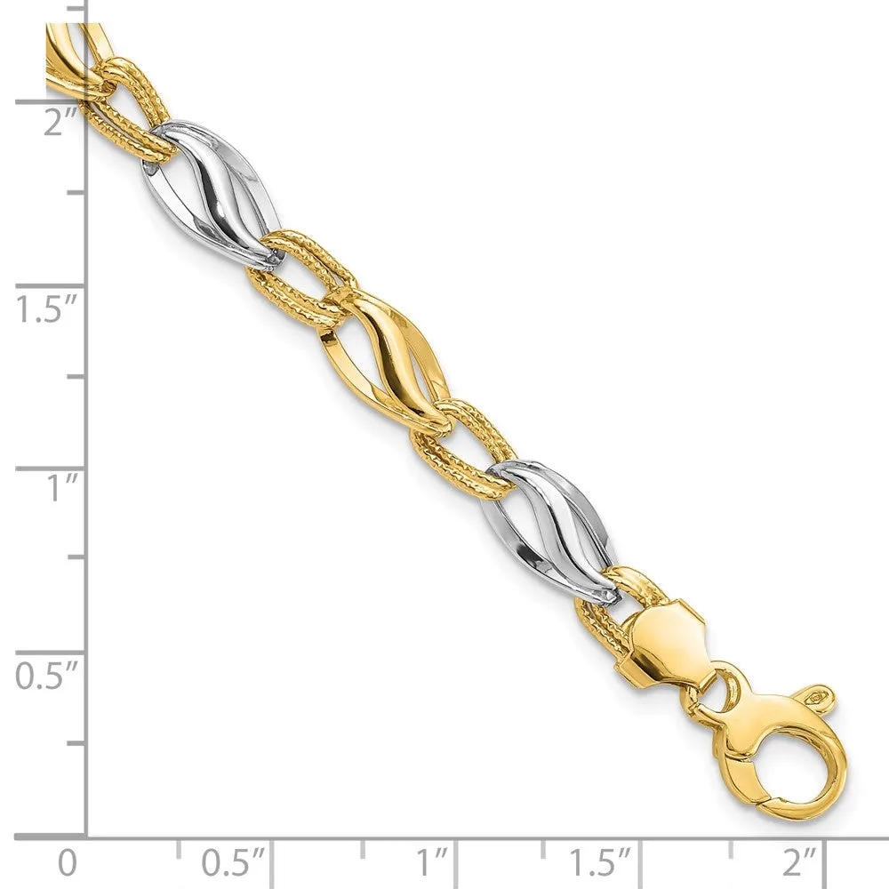 9mm 14K Two Tone Gold Hollow Fancy Link Chain Bracelet, 7.5 Inch