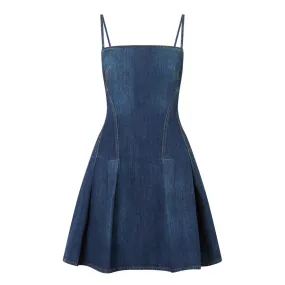 ALEXANDER MCQUEEN Denim Pleated Mini Dress - Blue