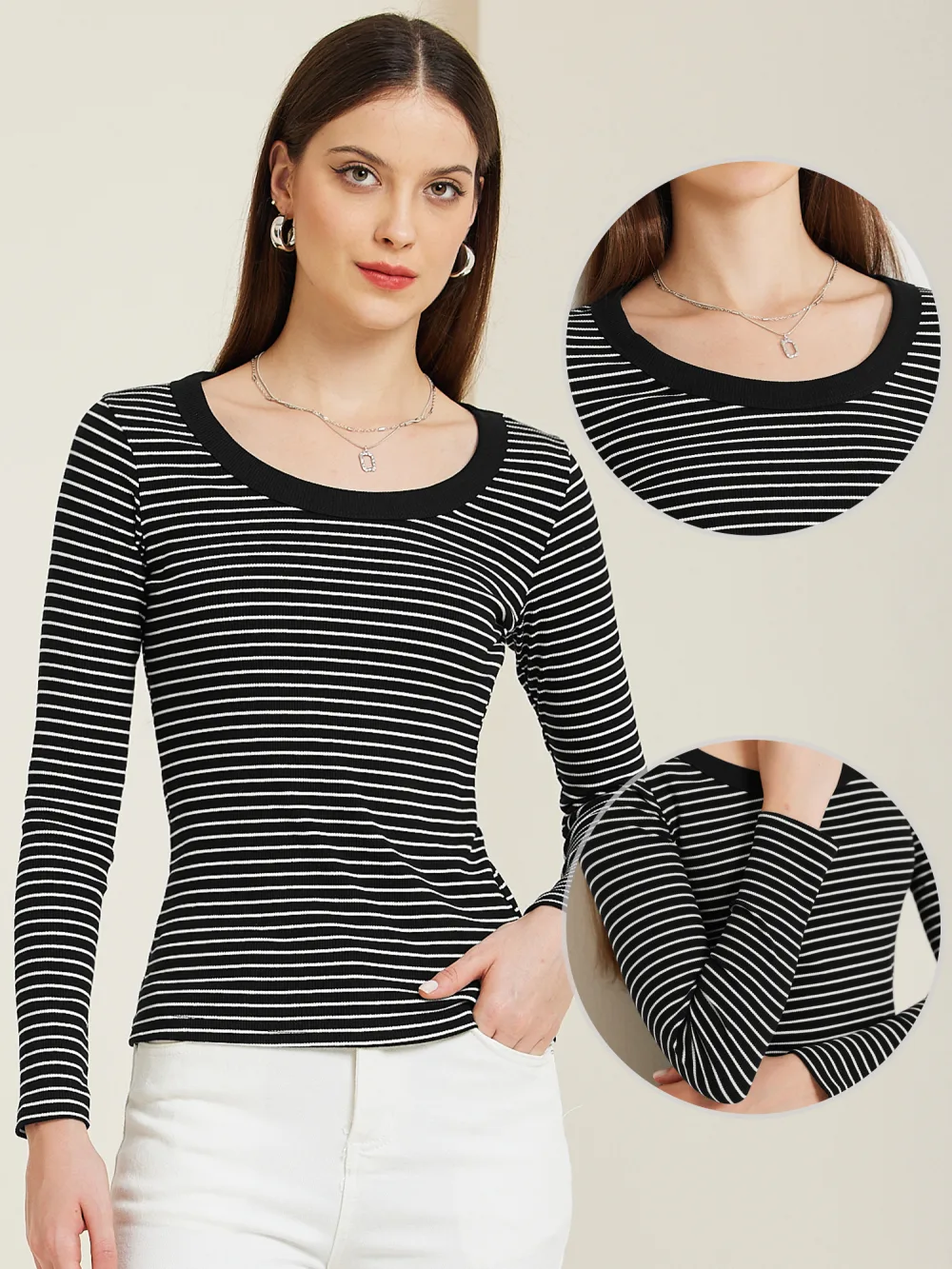 Allegra K - Stripe Scoop Neck Long Sleeve Casual Top