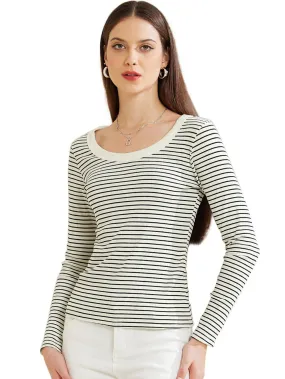 Allegra K - Stripe Scoop Neck Long Sleeve Casual Top