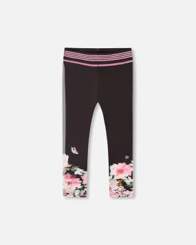 Athletic Leggings Black Printed Big Flowers