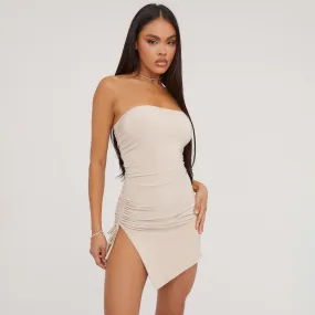 Bandeau Ruched Side Detail Asymmetric Mini Dress In Stone