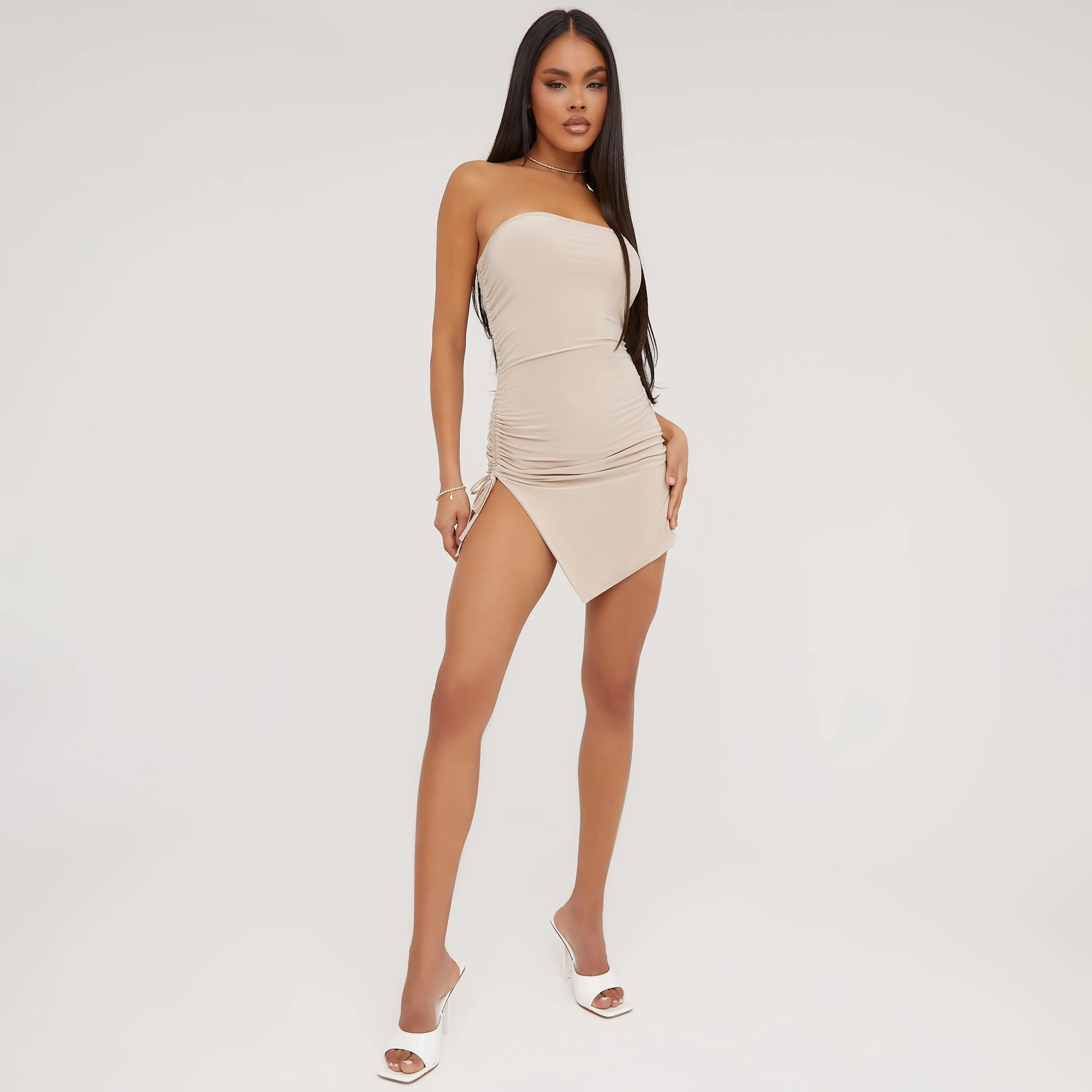 Bandeau Ruched Side Detail Asymmetric Mini Dress In Stone