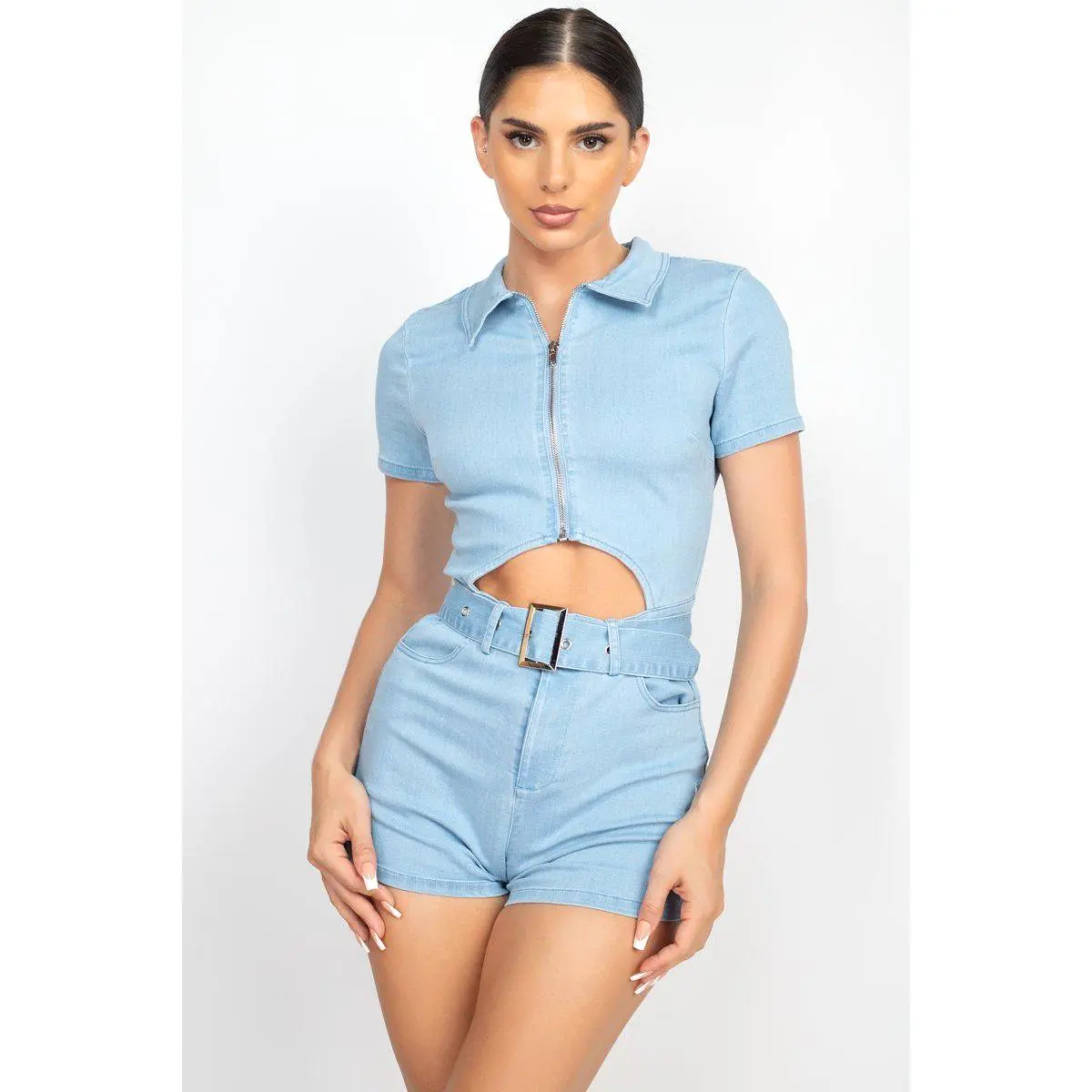 Belted Zip-up Denim Romper