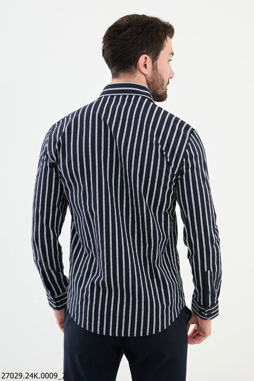 Black and White Striped Men's Casual Shirt.