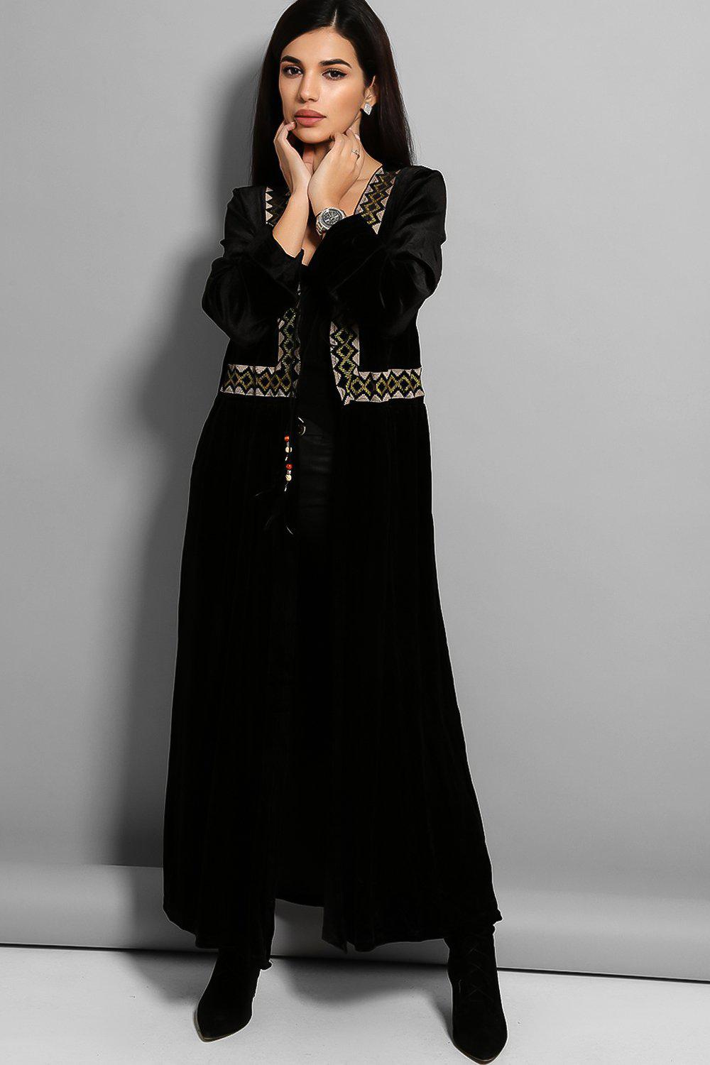 Black Embroidered Panel Velvet Kaftan