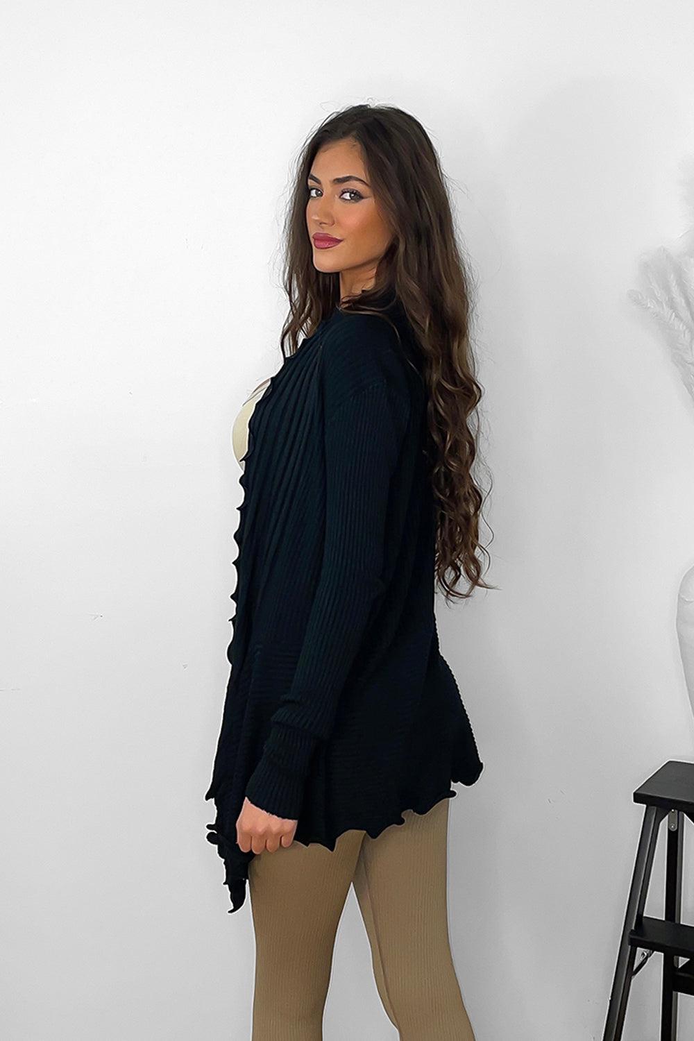 Black Frilled Trim Open Front Cardigan