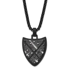 Black Plated Stainless Steel Antiqued & Brushed Shield Necklace, 24 In