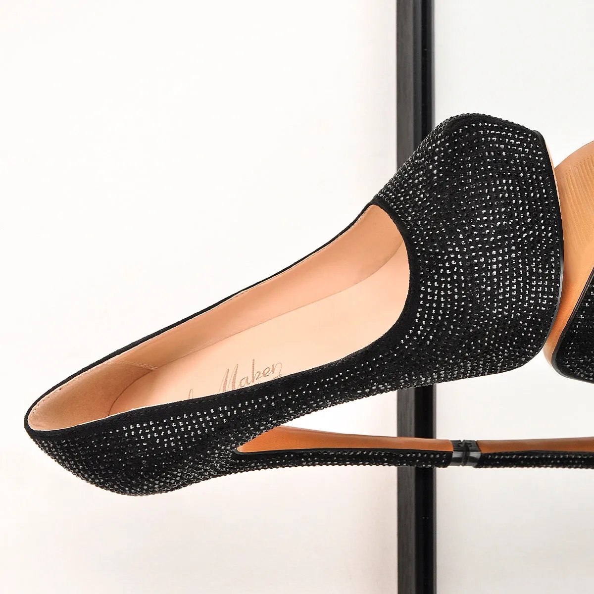 Black Platform Glitter Round Toe Stilettos Pumps