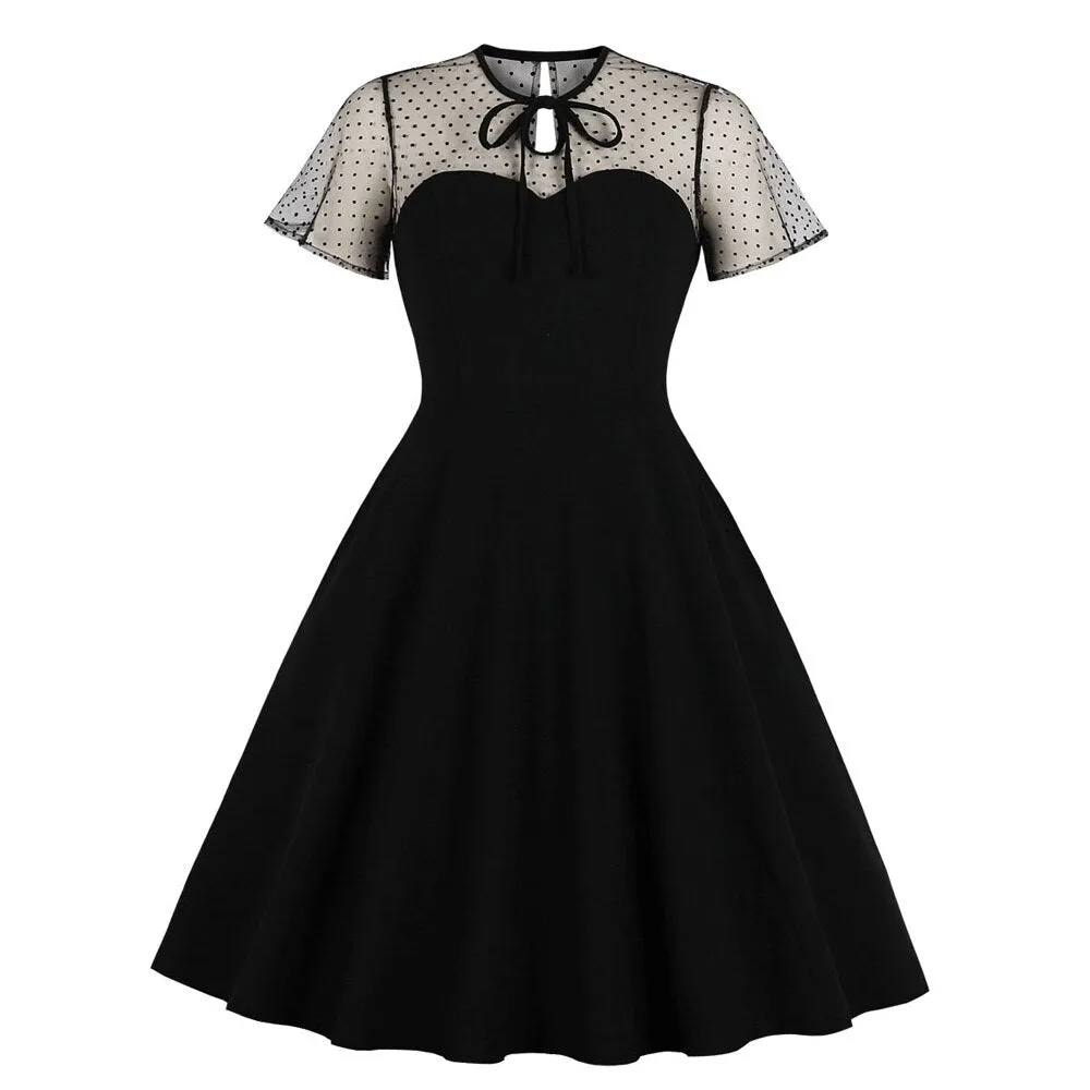 Black Women Bowknot Hollow Out Patchwork Mesh Robe Pin Up Swing Polka Dot Black Casual Dresses