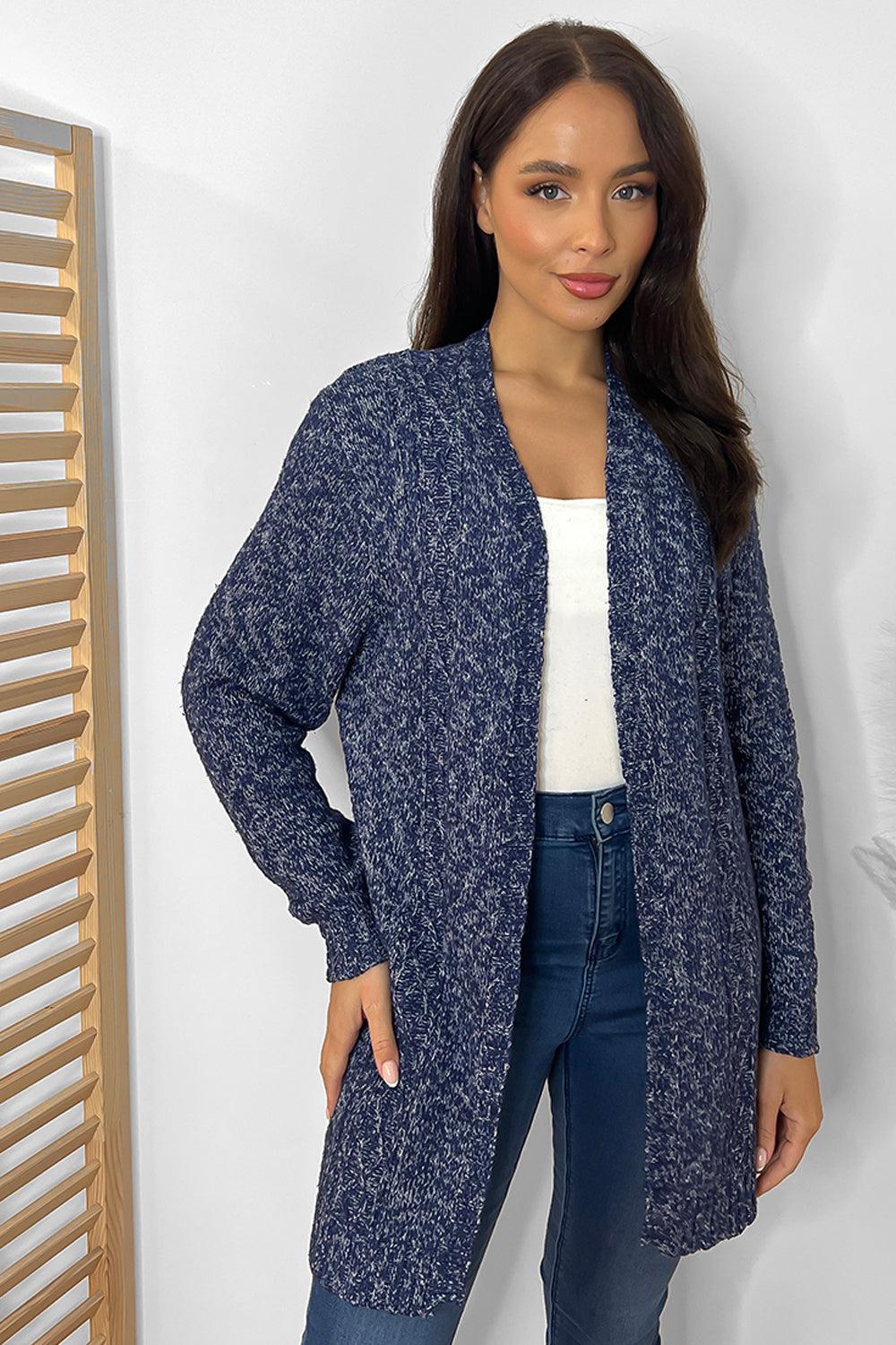 Blue Speckled Raw Knit Cardigan