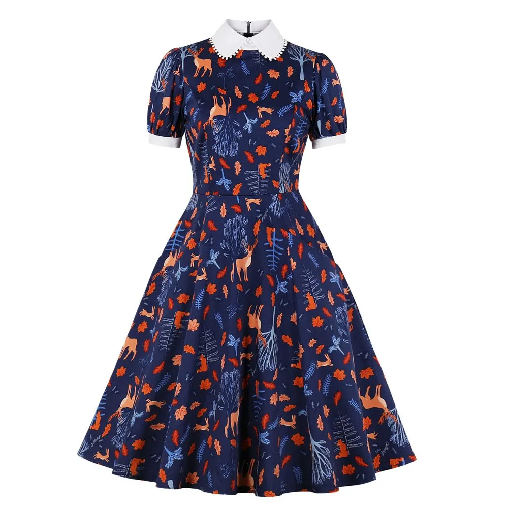 Blue Vintage Summer Short Sleeve Peter Pan Collar Tree Leaf Animal Print Robe Pin Up Swing Casual Dresses