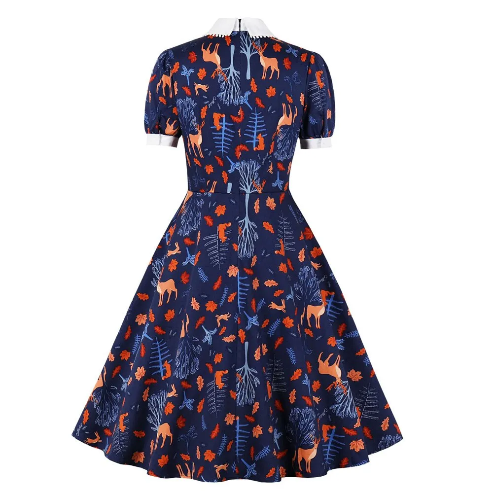 Blue Vintage Summer Short Sleeve Peter Pan Collar Tree Leaf Animal Print Robe Pin Up Swing Casual Dresses