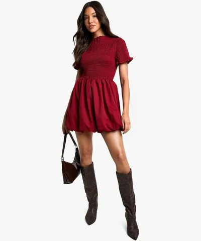 boohoo Womens Shirred Puff Sleeve Mini Dress