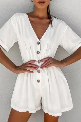 Casual Simplicity Solid Buttons Fold V Neck Loose Rompers