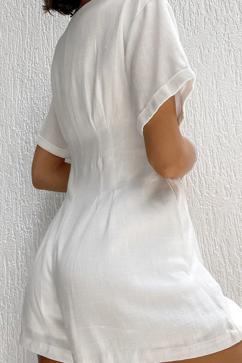 Casual Simplicity Solid Buttons Fold V Neck Loose Rompers