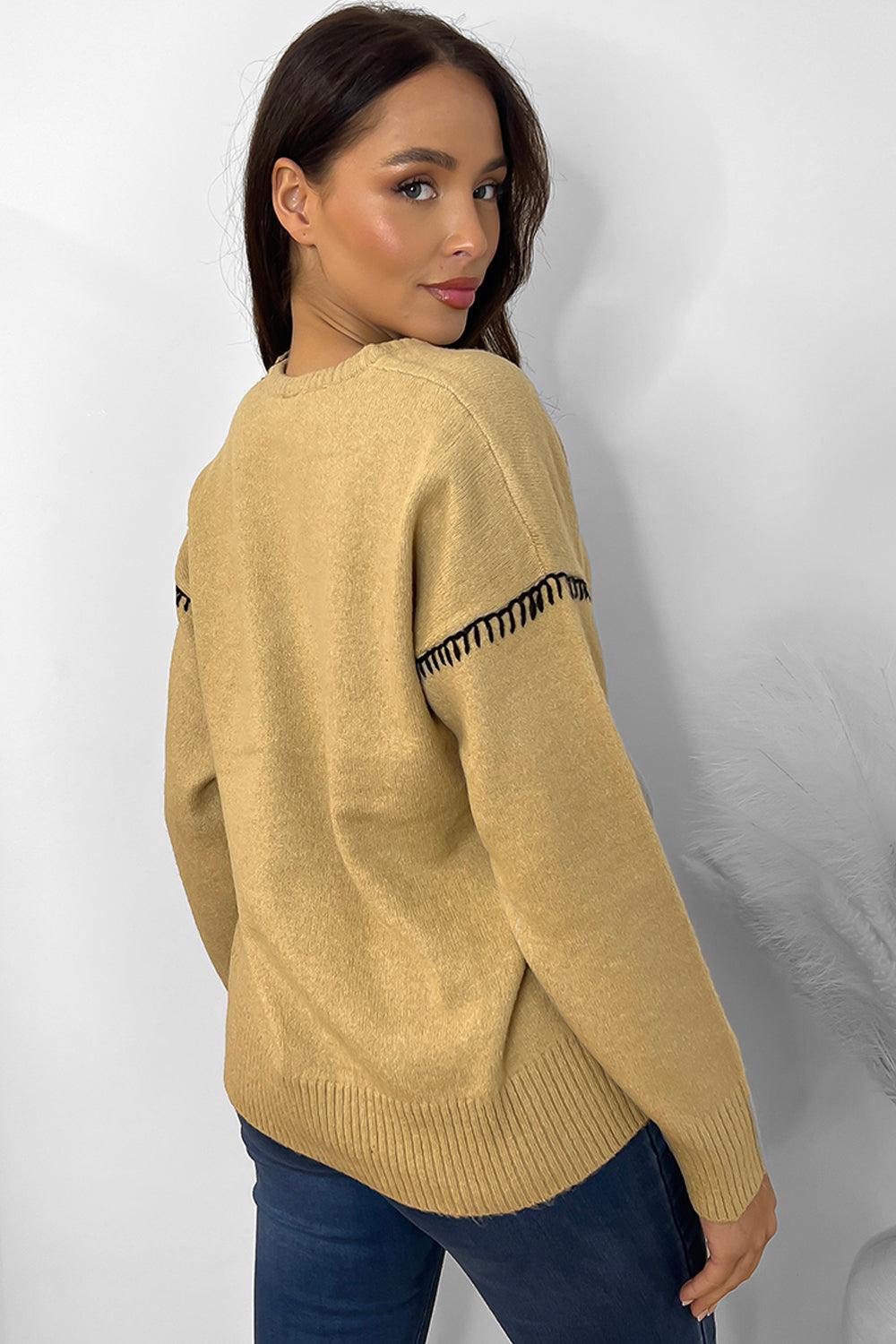 Contrast Stitch Detail V-Neck Pullover