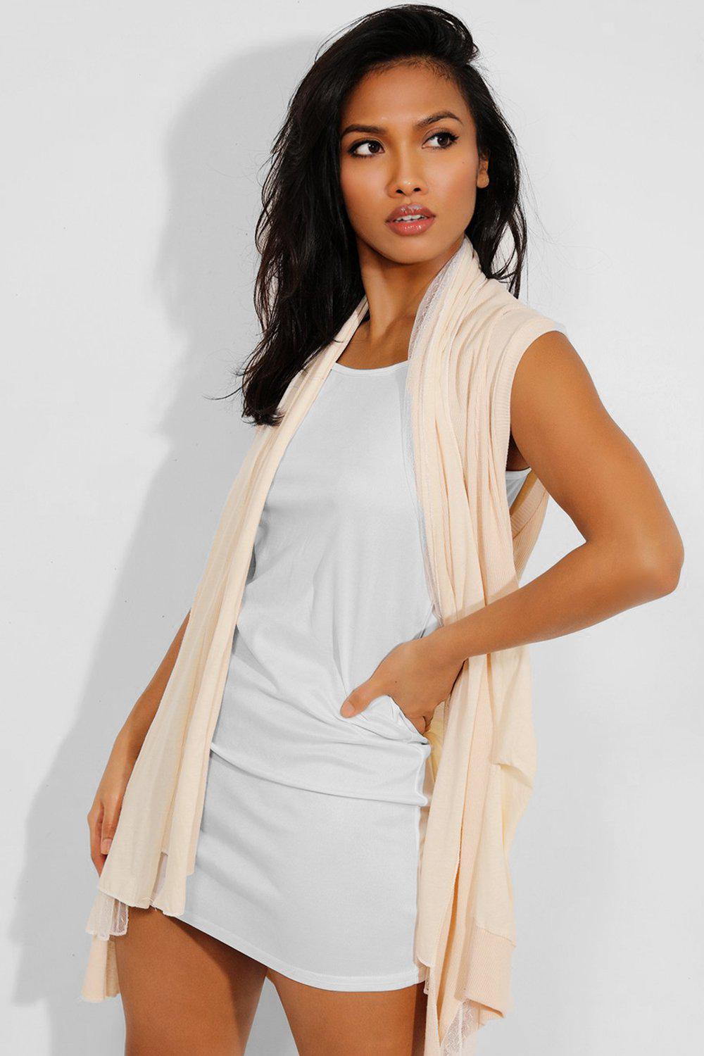 Cream Dobby Mesh Insert Open Front Ribbed Cardigan