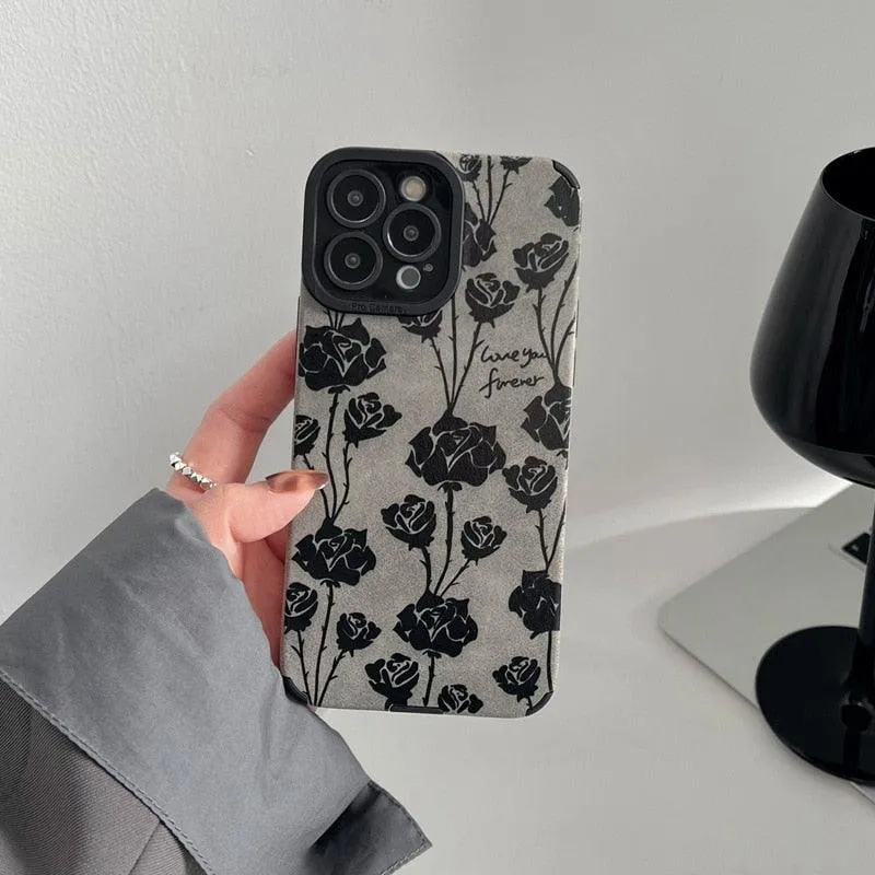 Cute Rose Pattern Leather Phone Case for iPhone 7, 8 Plus, X, XS Max, XR, 11, 12, 13, 14 Pro Max, and 14 Plus