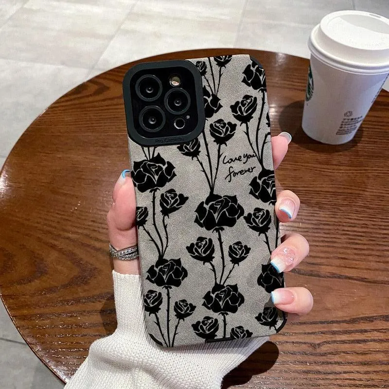 Cute Rose Pattern Leather Phone Case for iPhone 7, 8 Plus, X, XS Max, XR, 11, 12, 13, 14 Pro Max, and 14 Plus