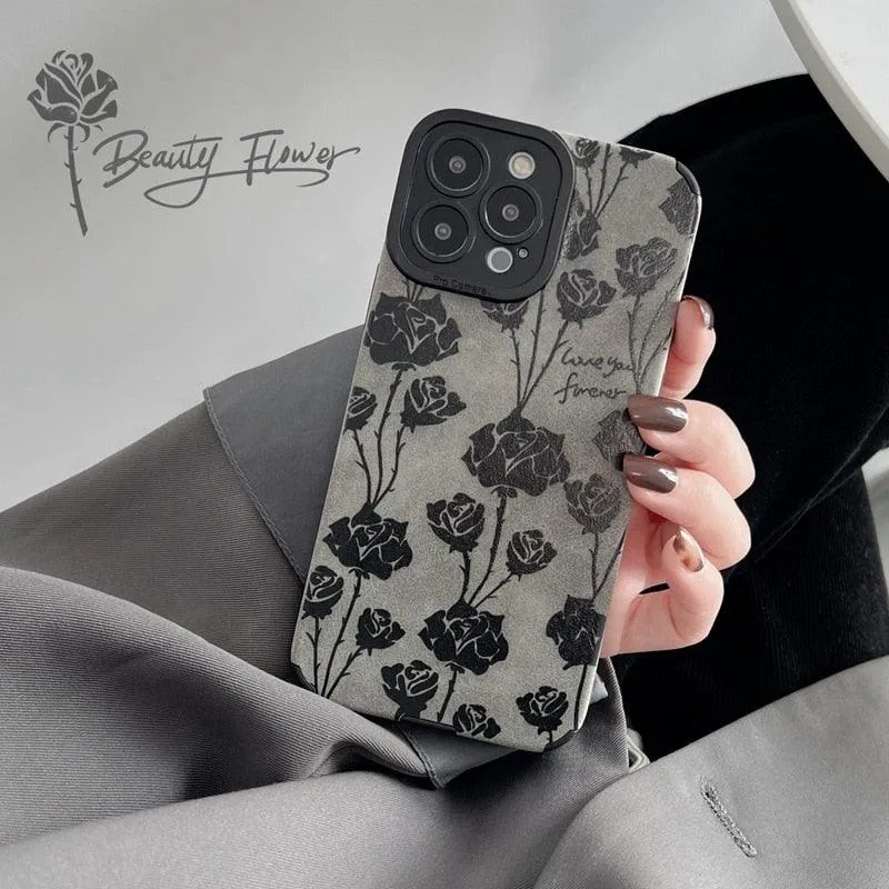 Cute Rose Pattern Leather Phone Case for iPhone 7, 8 Plus, X, XS Max, XR, 11, 12, 13, 14 Pro Max, and 14 Plus