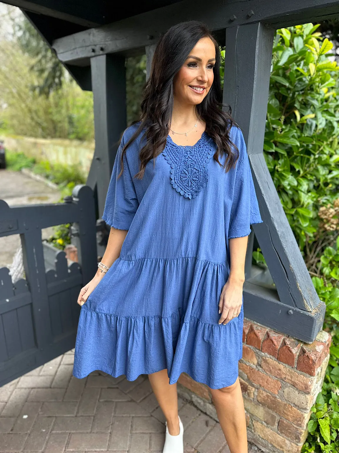 Denim Crochet Tiered Tunic Dress Brenda