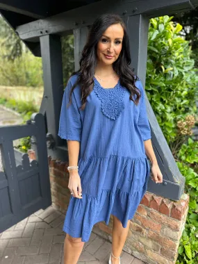 Denim Crochet Tiered Tunic Dress Brenda