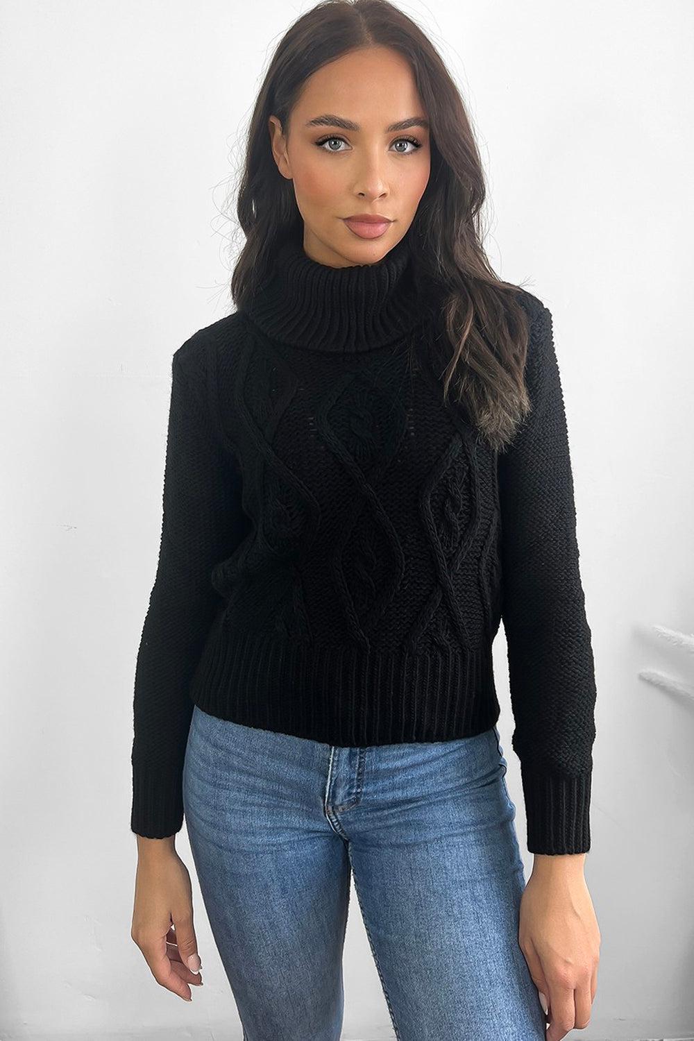 Diamond Braid Knit High Neck Pullover