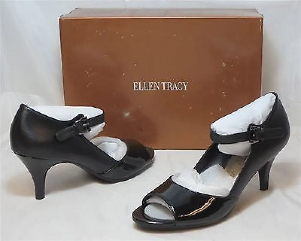 ELLEN TRACY Women's Faith Open Toe Pumps - Black Leather-