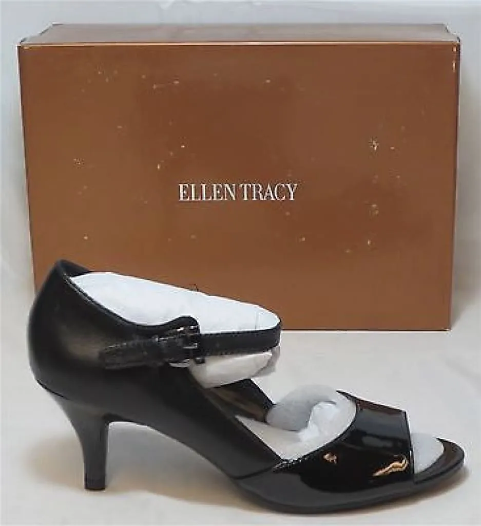 ELLEN TRACY Women's Faith Open Toe Pumps - Black Leather-