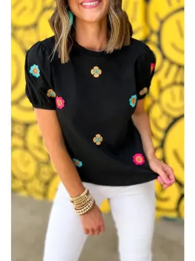 Floral Dream Embroidered Puff Sleeve Casual Top