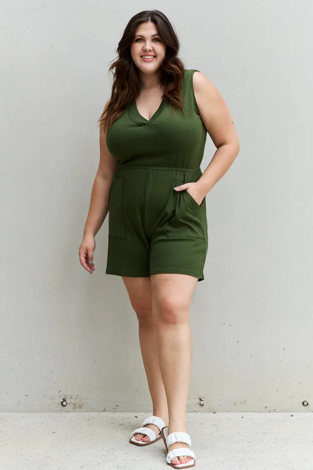 Forever Yours Full Size V-Neck Sleeveless Romper in Army Green