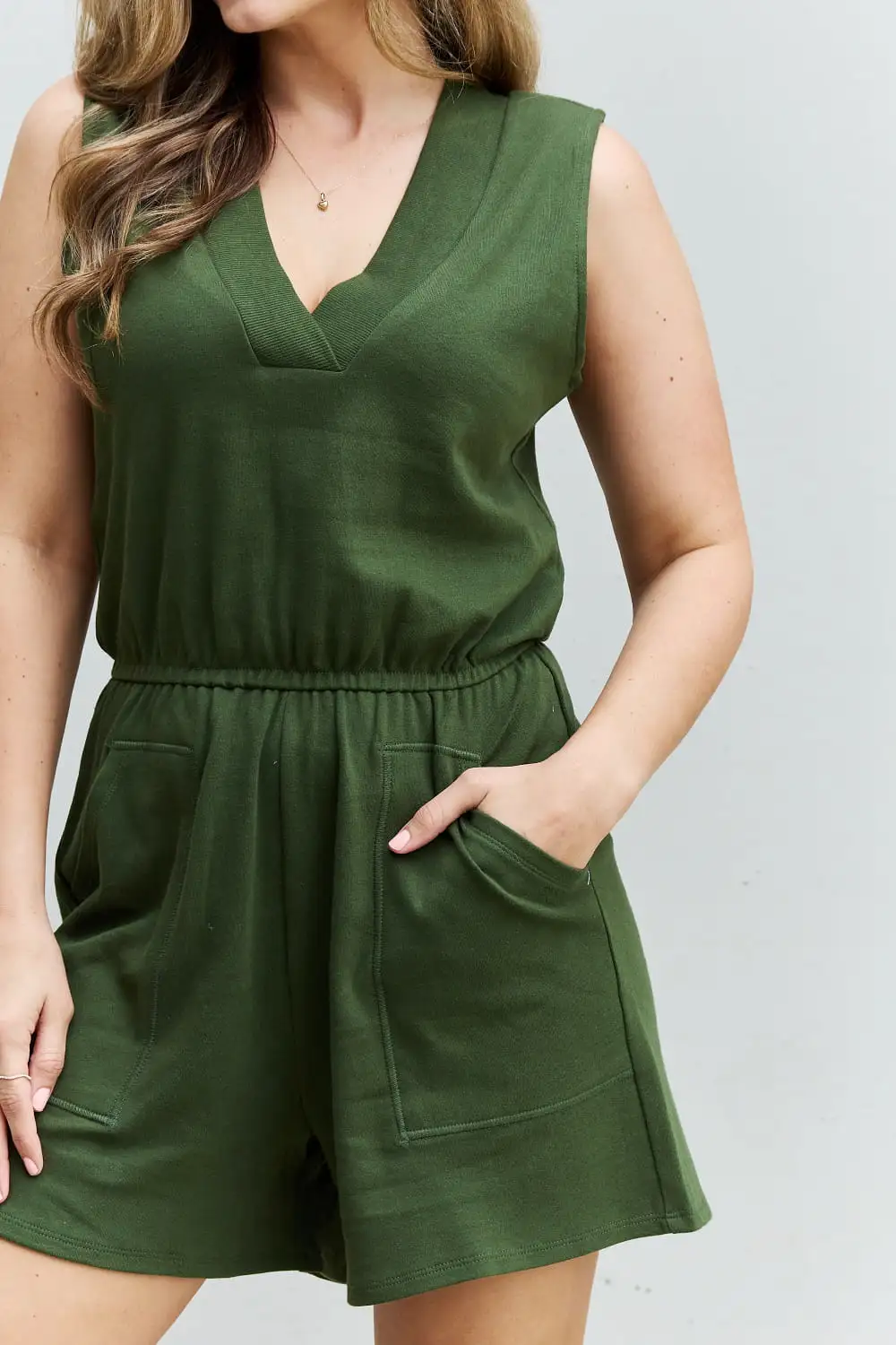 Forever Yours Full Size V-Neck Sleeveless Romper in Army Green