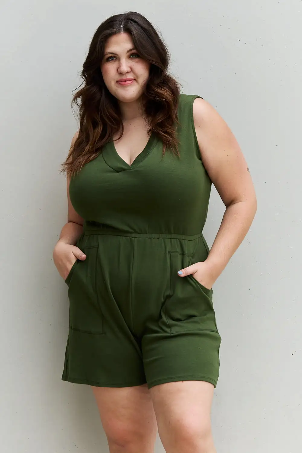 Forever Yours Full Size V-Neck Sleeveless Romper in Army Green