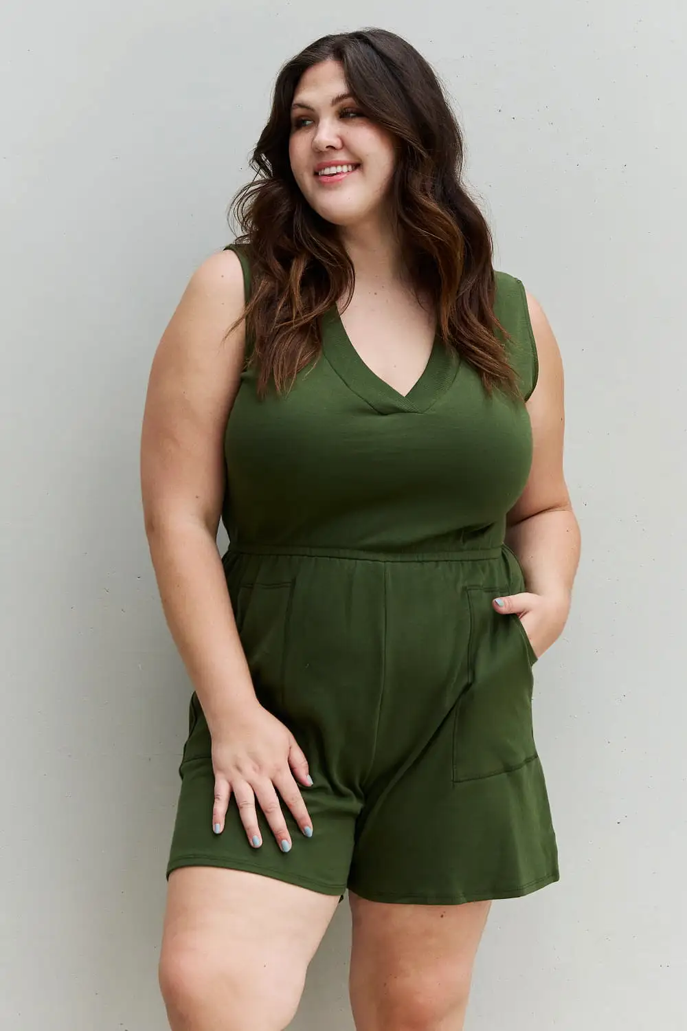 Forever Yours Full Size V-Neck Sleeveless Romper in Army Green