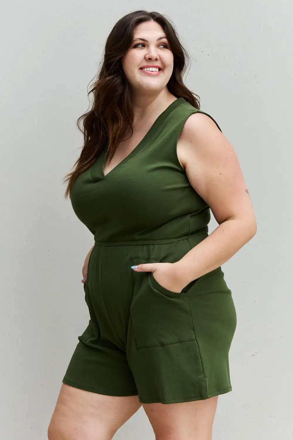 Forever Yours Full Size V-Neck Sleeveless Romper in Army Green