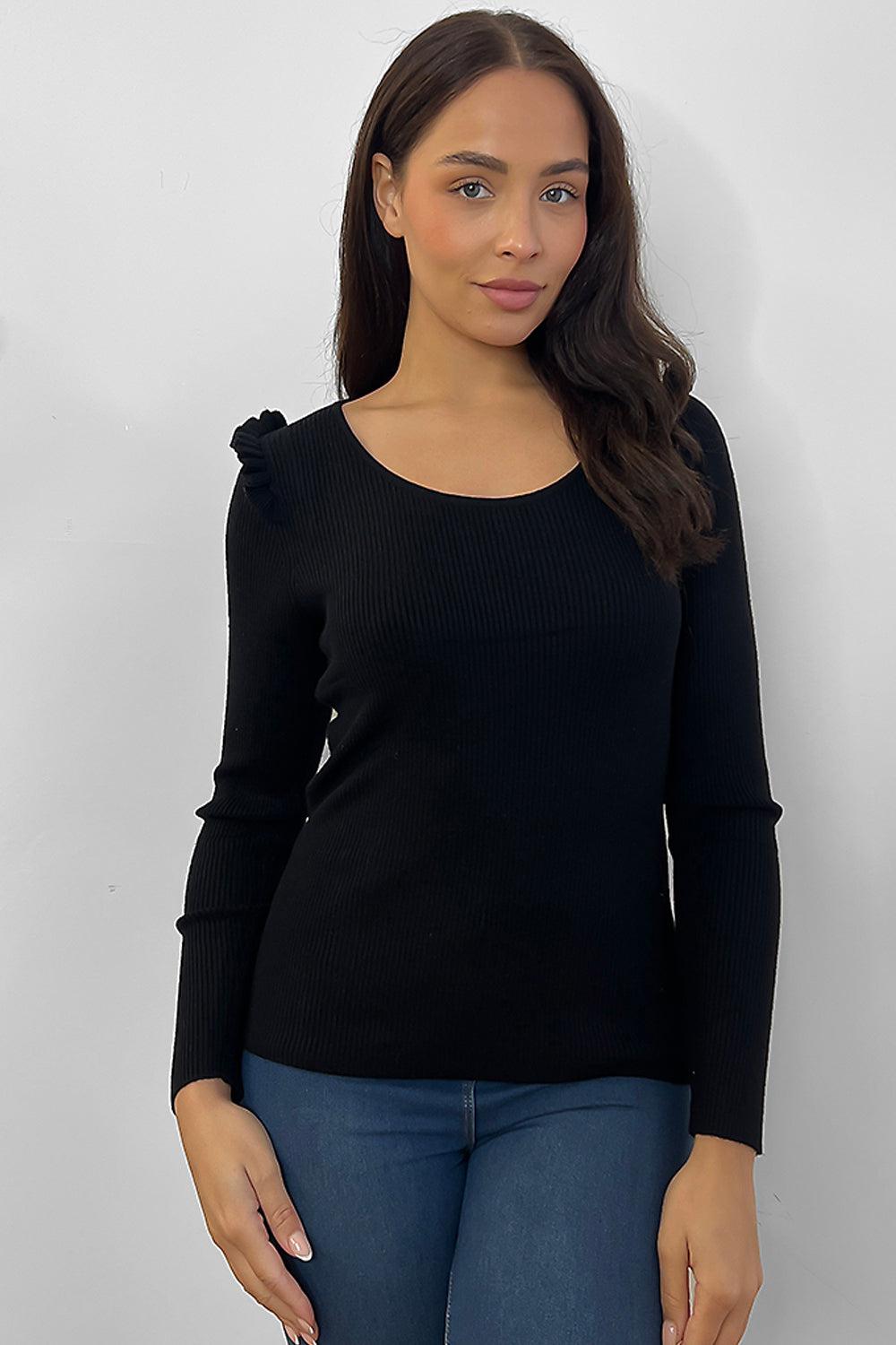 Frilled Shoulders Scoop Neck Pullover