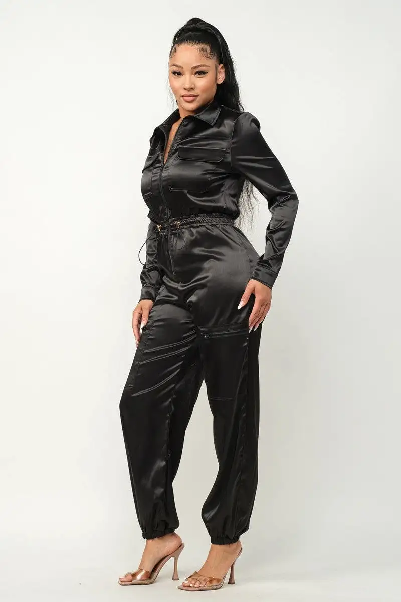 Front Zipper Pockets Top And Pants Jumpsuit