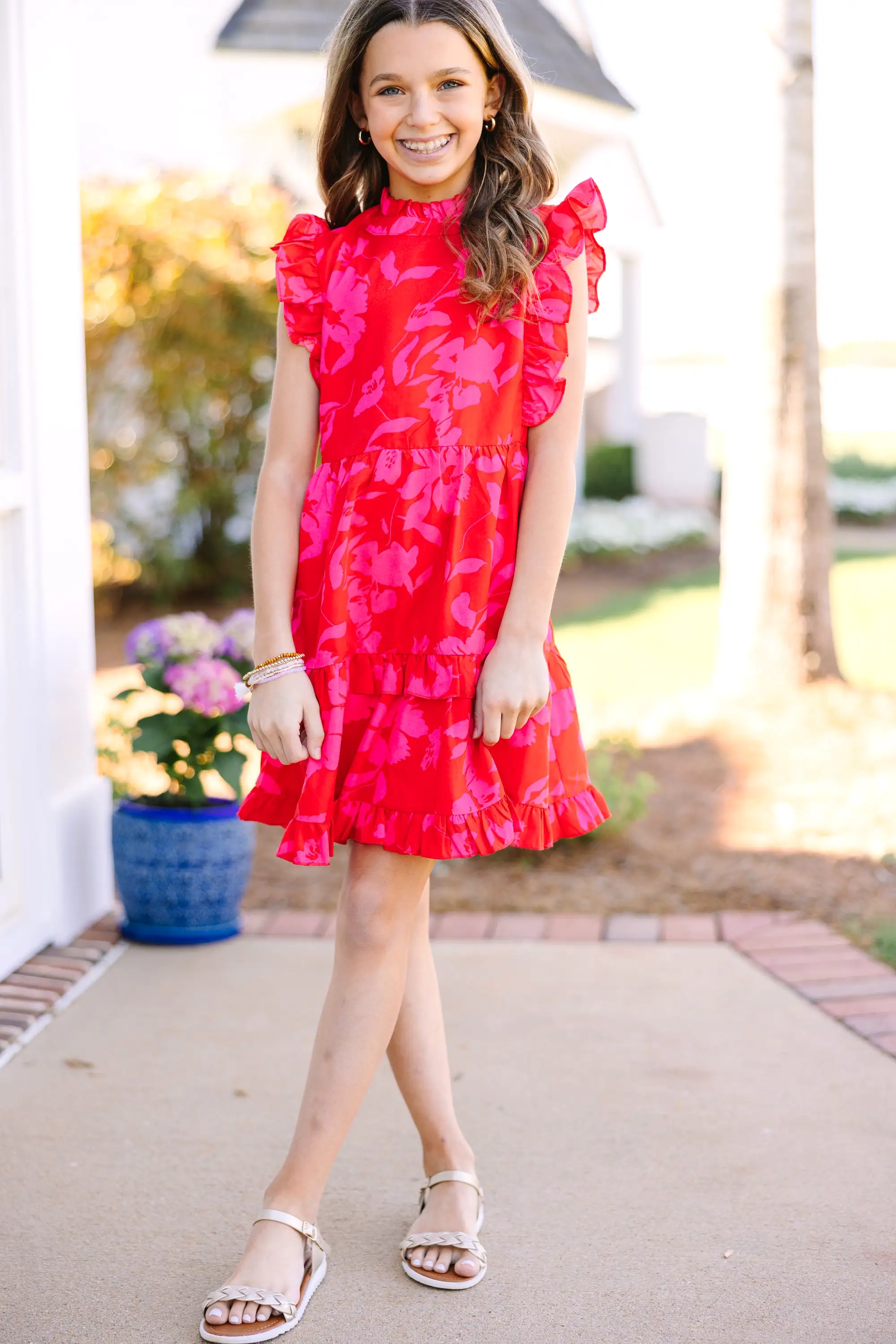 Girls: A True Beauty Red Floral Dress