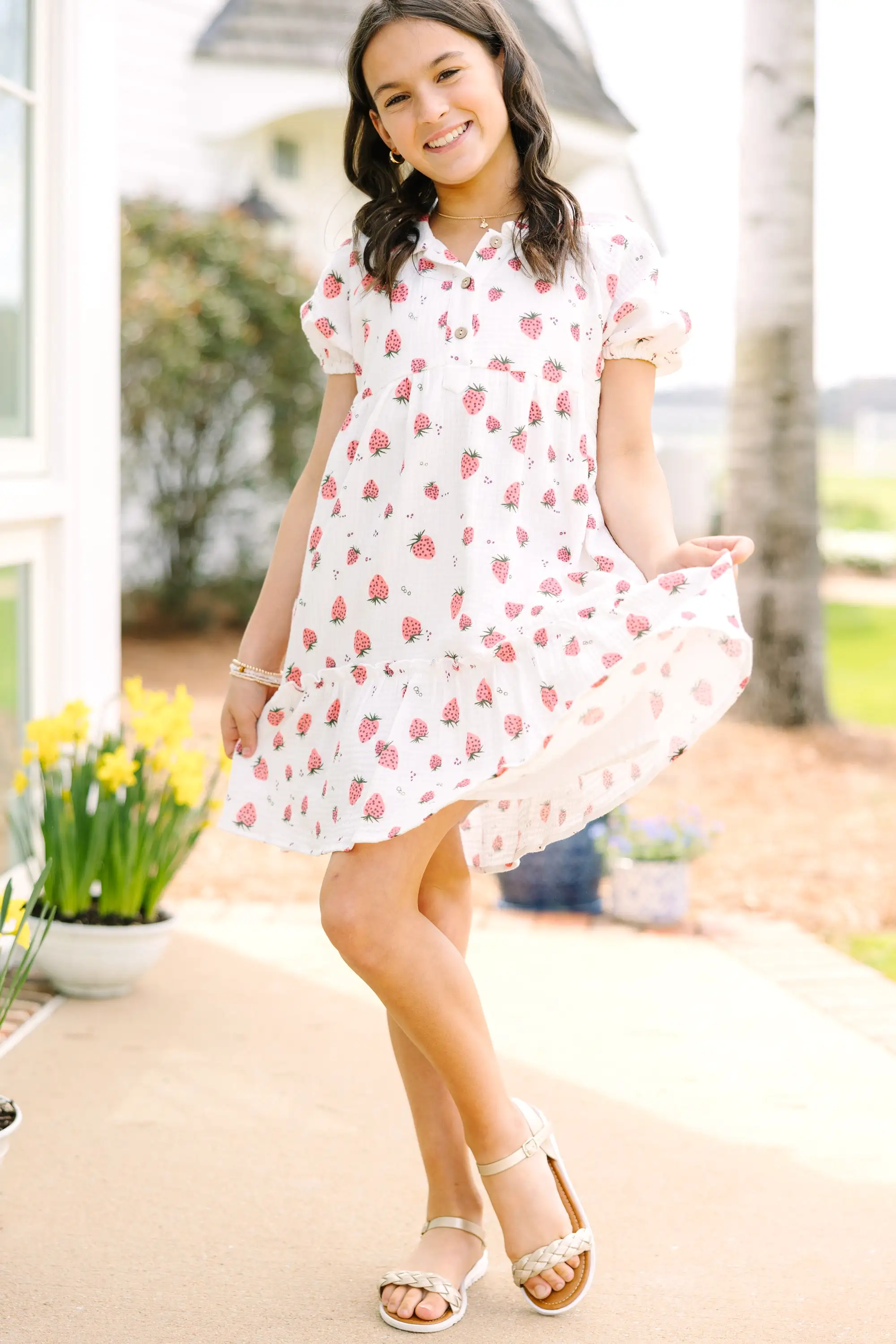 Girls: Meet You There Off White Strawberry Print Dress