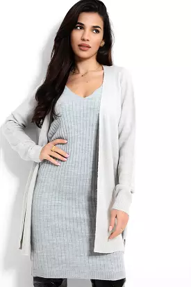 Grey Open Front Midi Length Cardigan