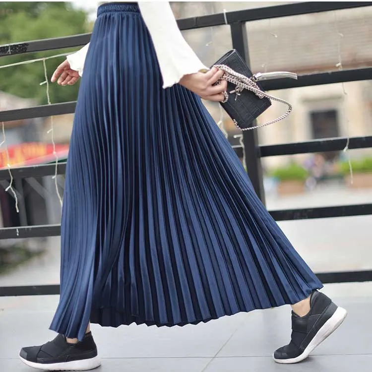 High Waist Women Long Vintage Pleated Casual Top Brand Ladies Maxi Skirt